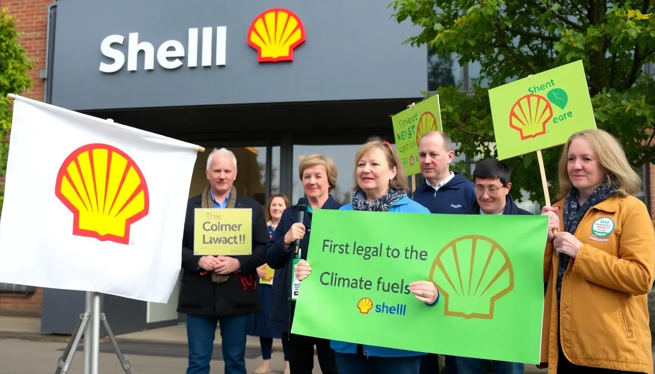 A group of environmental activists gathers outside a courthouse, holding banners and signs demanding accountability from Shell for its role in climate change.