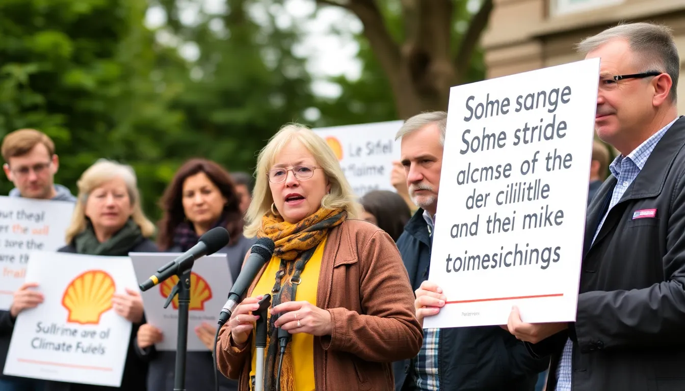 A group of environmental activists gathers outside the High Court in London, holding banners and signs to protest against Shell's fossil fuel operations as the landmark legal claim is initiated.