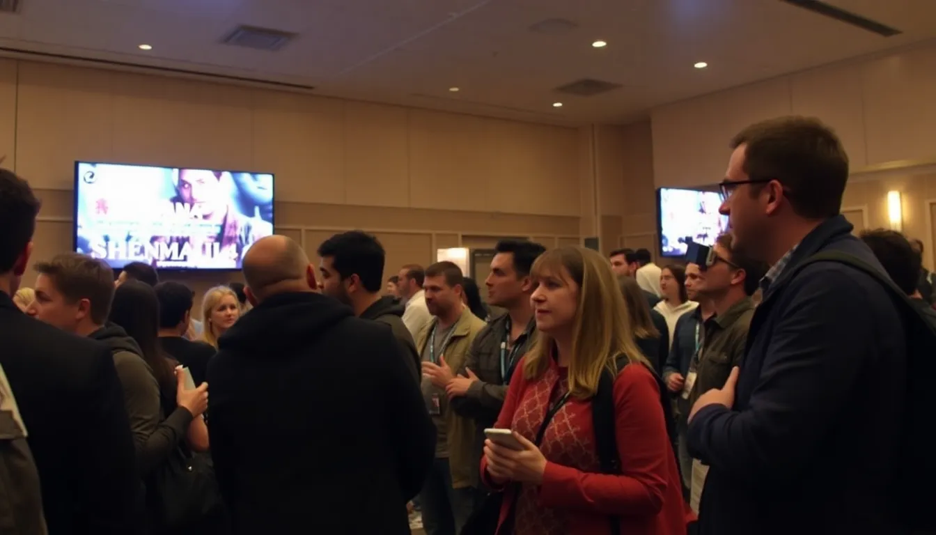 A group of gamers passionately debating the authenticity of a leaked Shenmue 4 trailer at a gaming convention, with laptops and smartphones in hand displaying various opinions on social media.