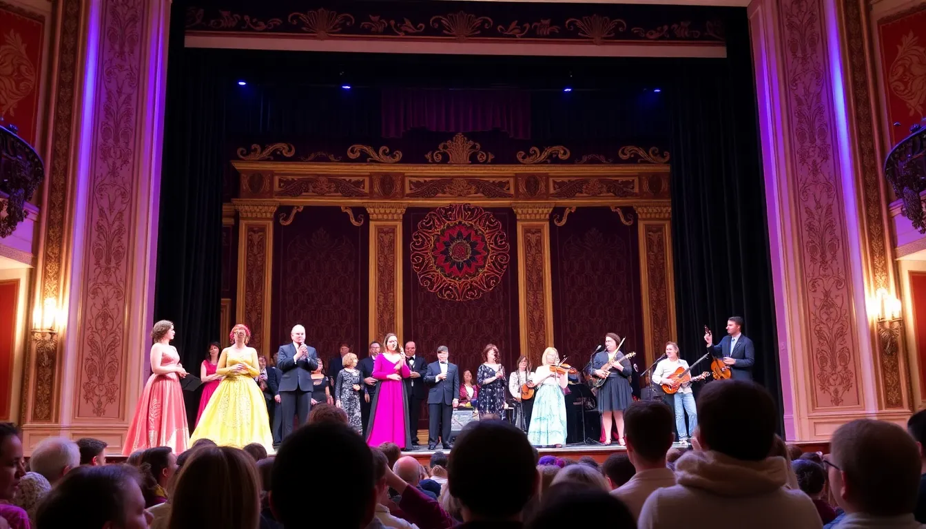 A vibrant scene from the Met Opera showcases performers in modern costumes during a lively rehearsal of The Magic Flute, with colorful digital projections illuminating the stage.