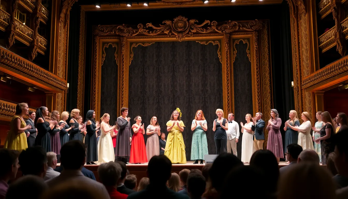 A diverse audience enjoying the performance, reflecting the Met Opera's successful efforts to engage younger viewers and families, creating a welcoming atmosphere for all attendees