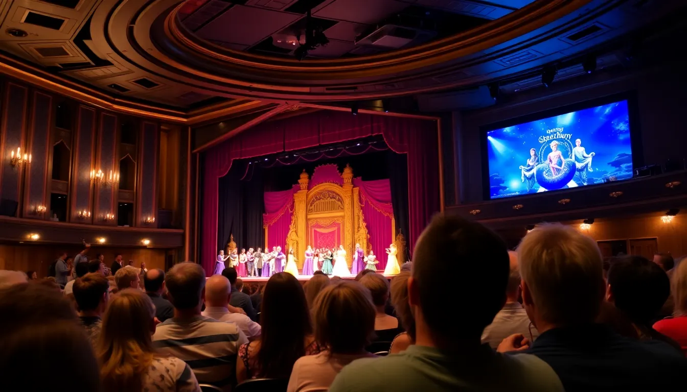 A lively audience at the York Theatre Royal enjoys a performance of Sleeping Beauty, filled with humor and vibrant costumes, as actors portray the beloved fairy tale characters.