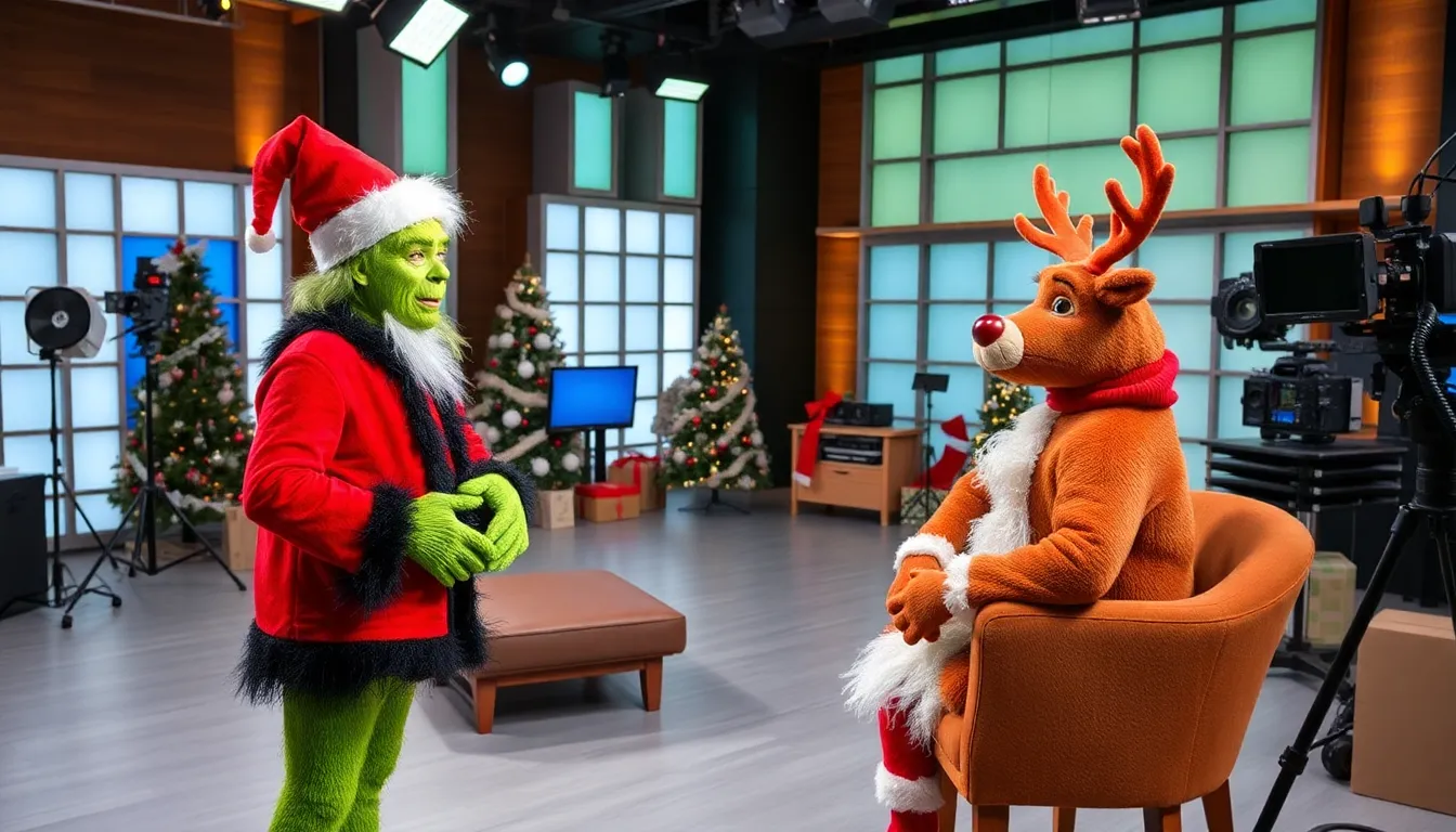 The Grinch, Ebenezer Scrooge, and Rudolph the RedNosed Reindeer engage in humorous discussions in a festive sketch on SNL, parodying the Actors on Actors series.