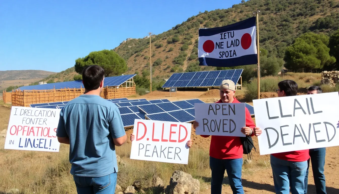 A group of protesters holds banners outside a government building in Madrid, voicing their concerns over recent policy changes affecting Spain's renewable energy commitments.