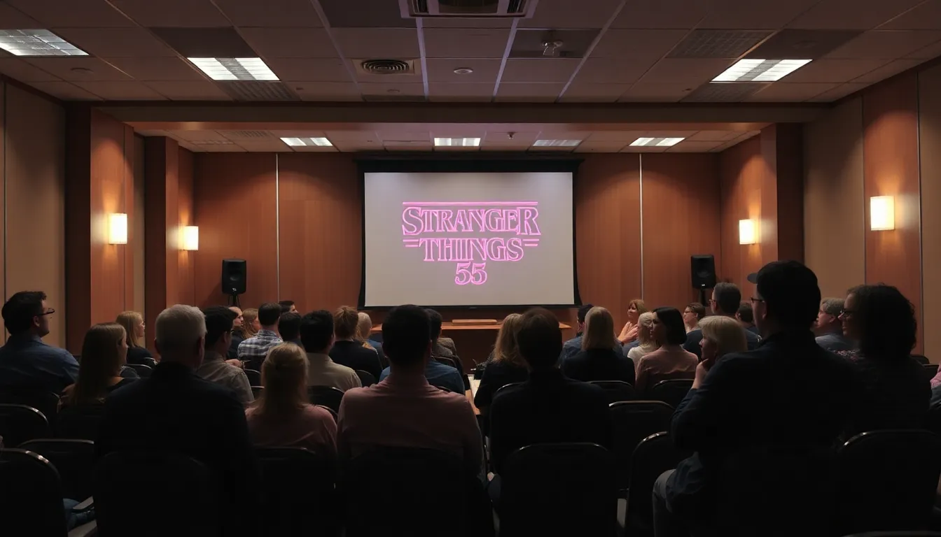 Fans gather excitedly at a Stranger Thingsthemed event, discussing the confirmed runtimes for the final episodes of the series.