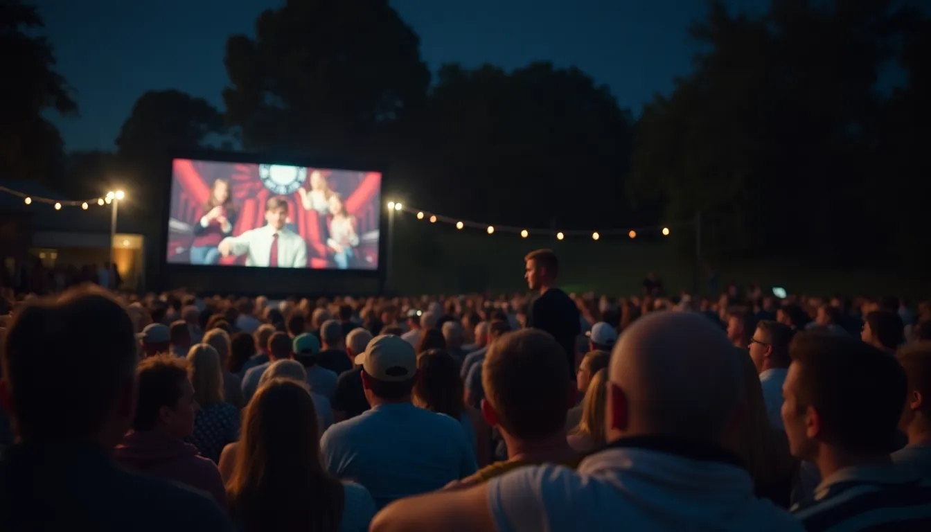 映画館のロビーで「ストレンジャー・シングス5」の最終回のポスターを見つめる観客の姿