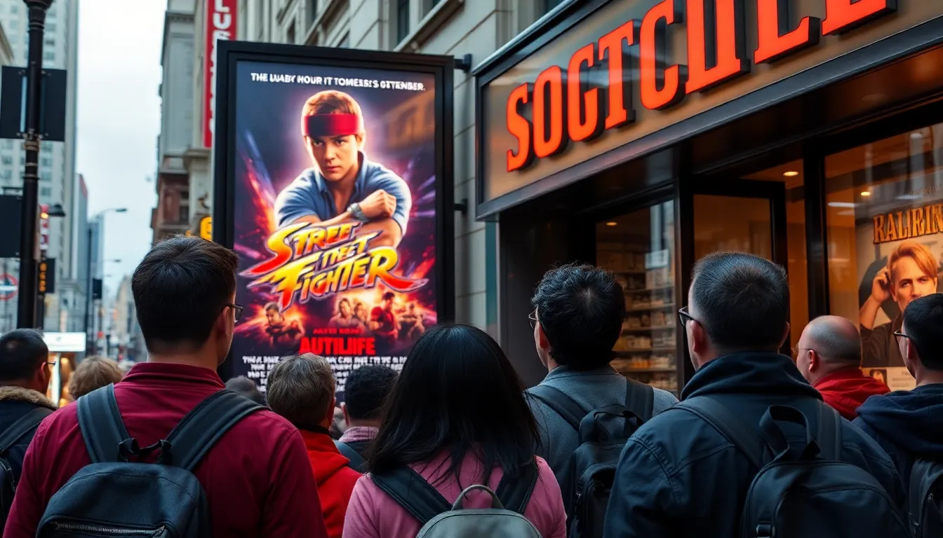 Fans gather at a promotional event to celebrate the upcoming release of the Street Fighter movie, eagerly discussing the cast and their favorite characters from the iconic video game series.