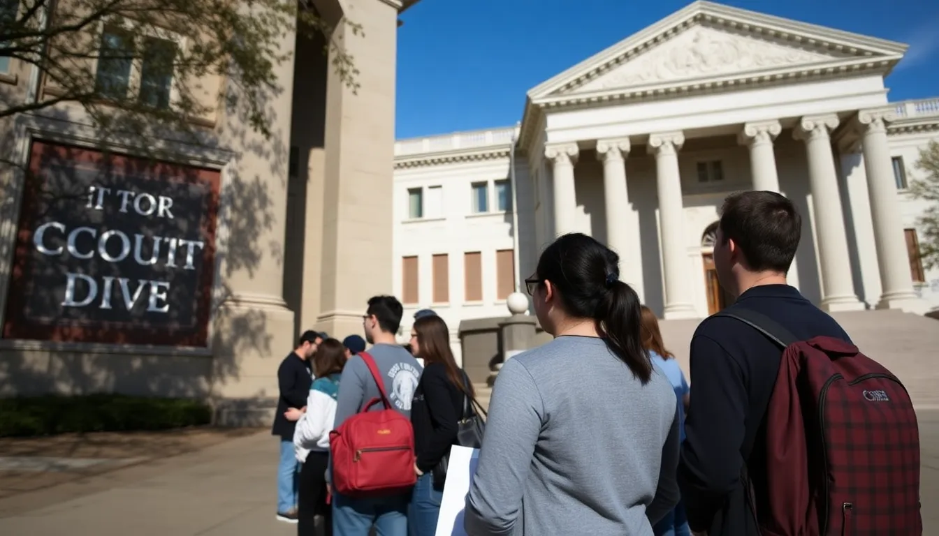 A group of students stands outside a courthouse, discussing their experiences with student loan debt and bankruptcy as they prepare to enter for a hearing.