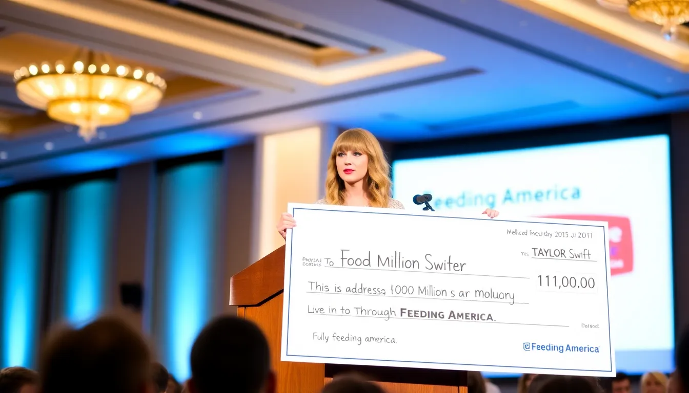 Taylor Swift stands on stage holding a large check for  million, announcing her donation to Feeding America while a crowd of supporters cheers in the background.