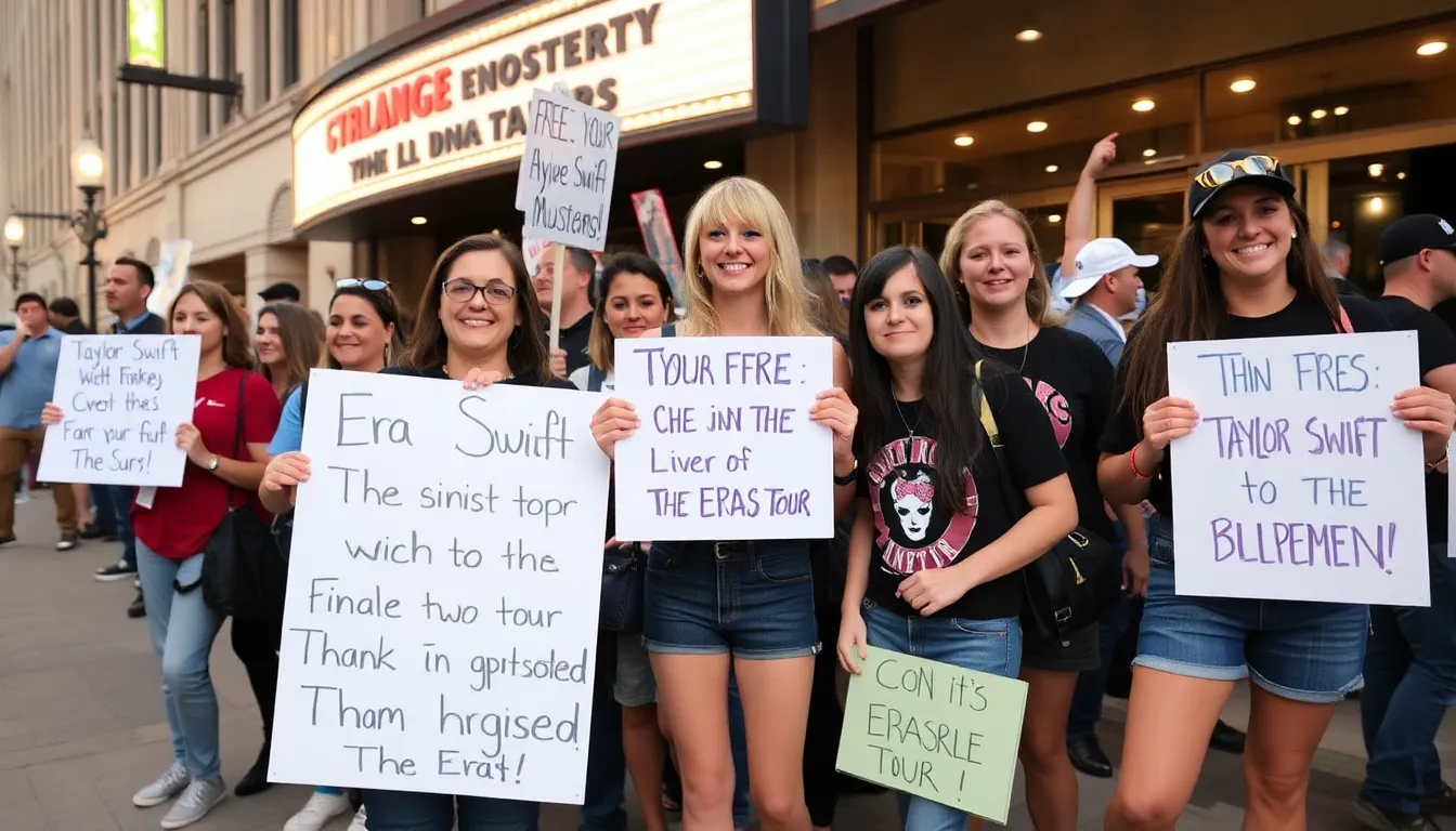Fans gather outside a venue adorned with festive decorations, eagerly discussing the news of Taylor Swift's series episodes being rescheduled for a preChristmas airdate.