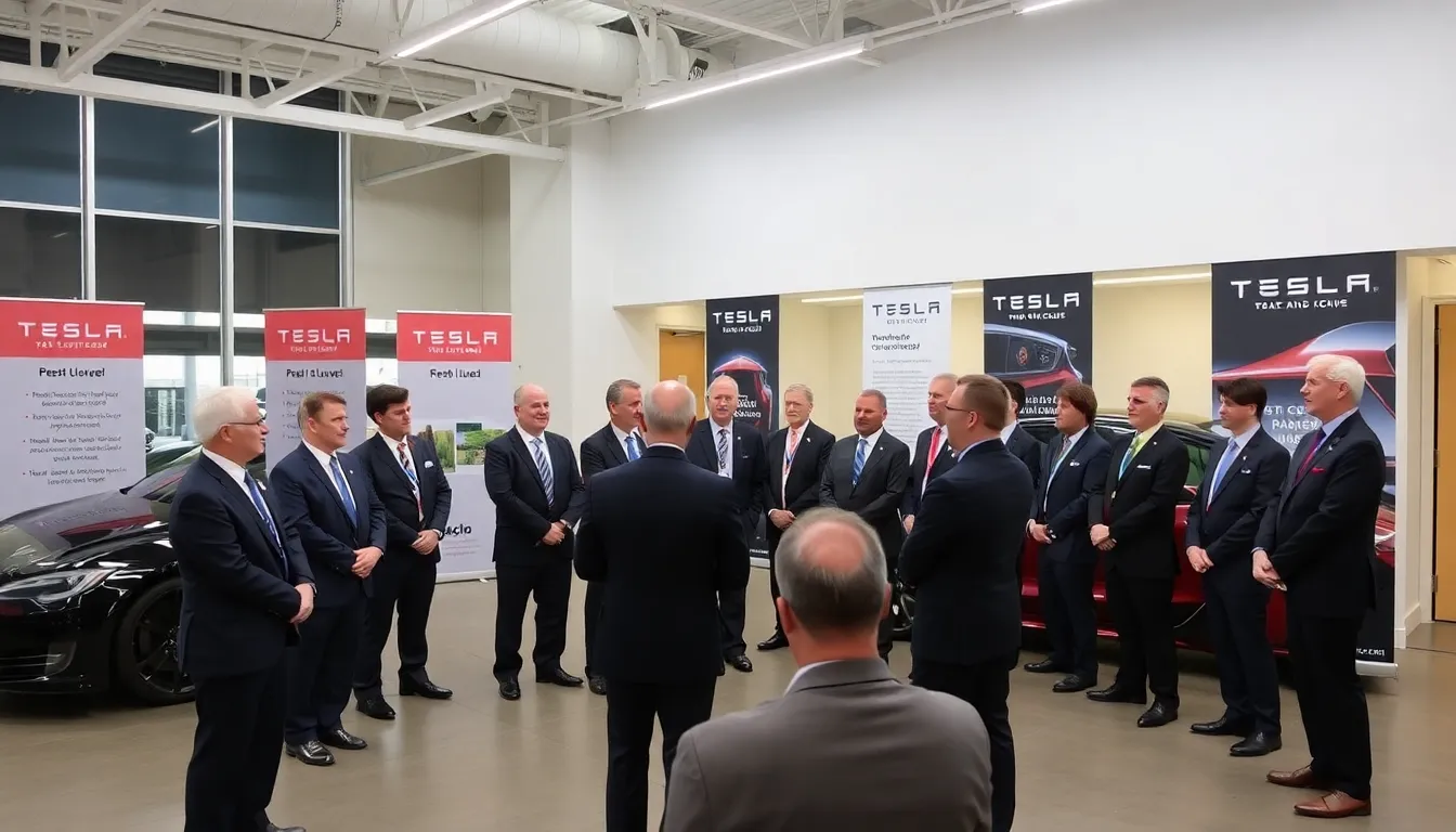 A Tesla dealership showcases a lineup of electric vehicles with promotional banners highlighting free upgrades and financing options to attract potential buyers.