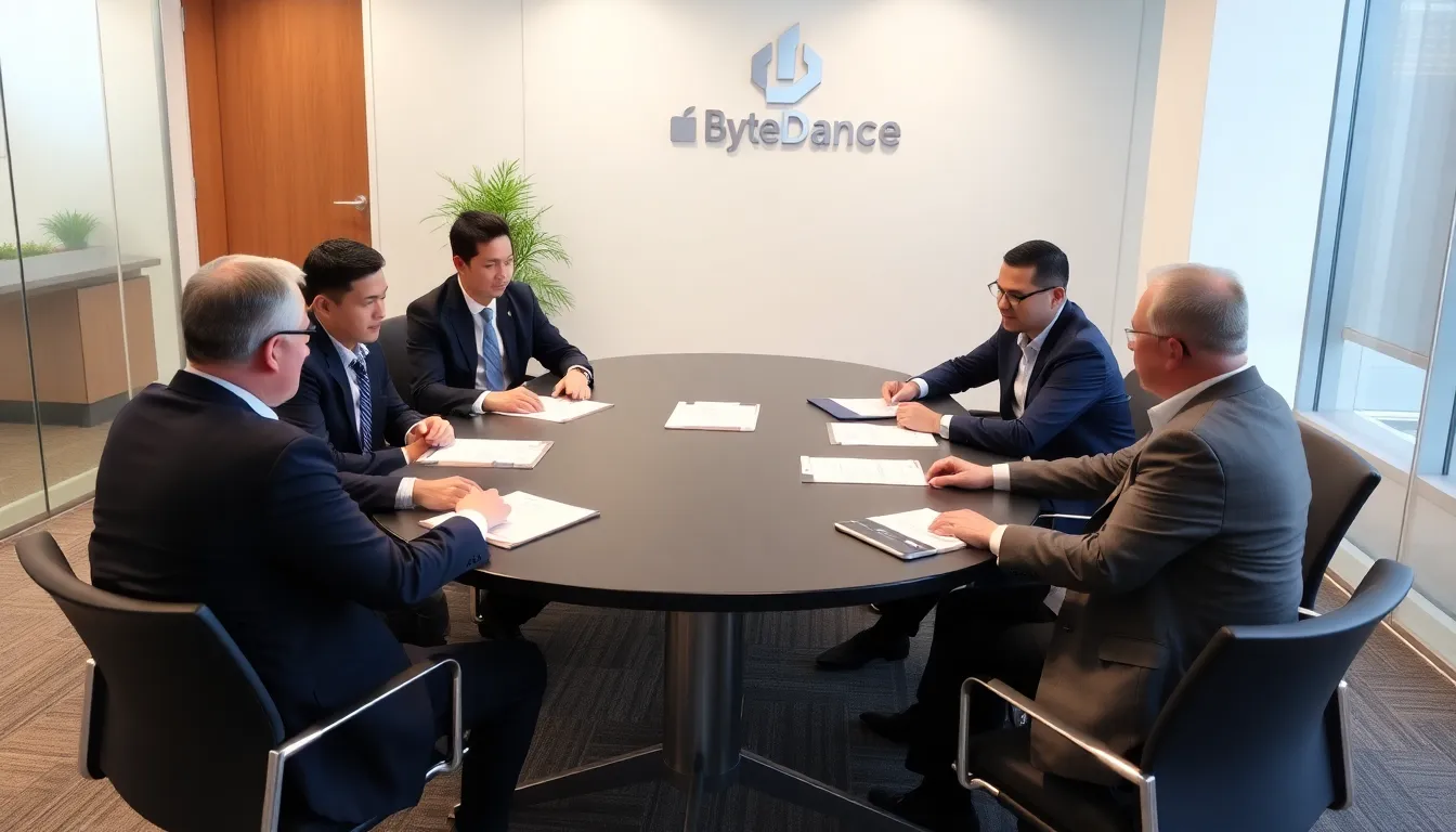 A group of U.S. officials and ByteDance representatives shake hands in a conference room, signaling the successful negotiation of a deal to prevent a ban on TikTok.