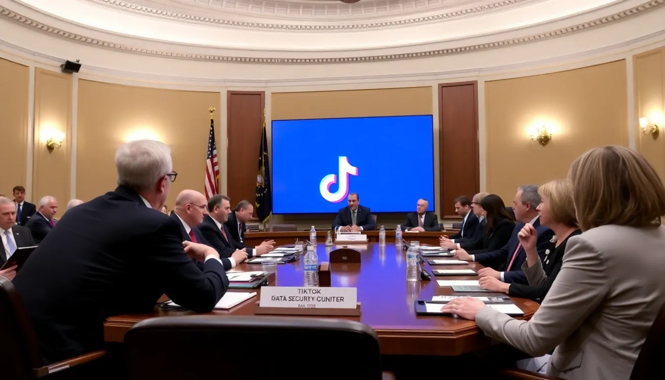 A group of lawmakers is seen discussing the future of TikTok in a congressional hearing, with charts and documents related to data privacy and national security displayed on the table.