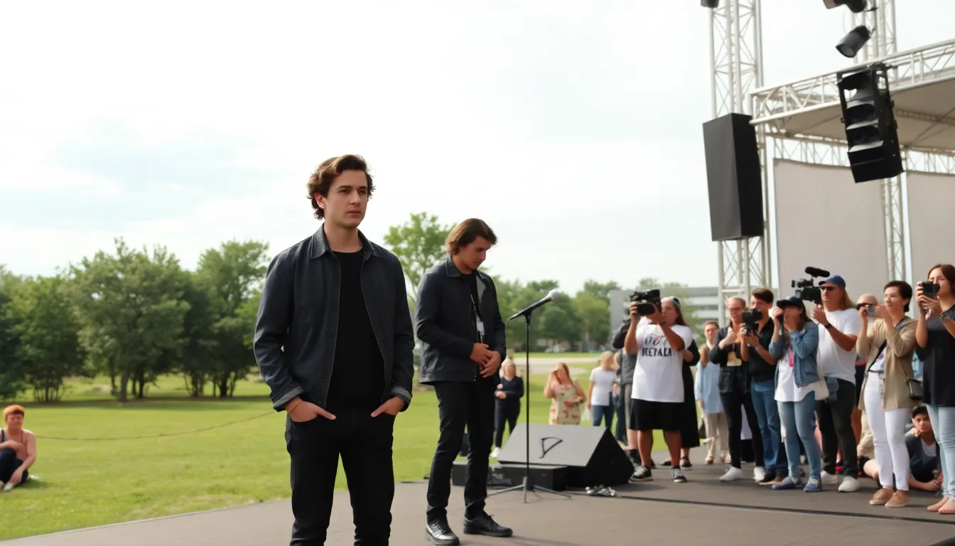 Timothée Chalamet stands on stage with a microphone in hand, passionately performing alongside EsDeeKid as they unveil their new remix to an enthusiastic crowd.