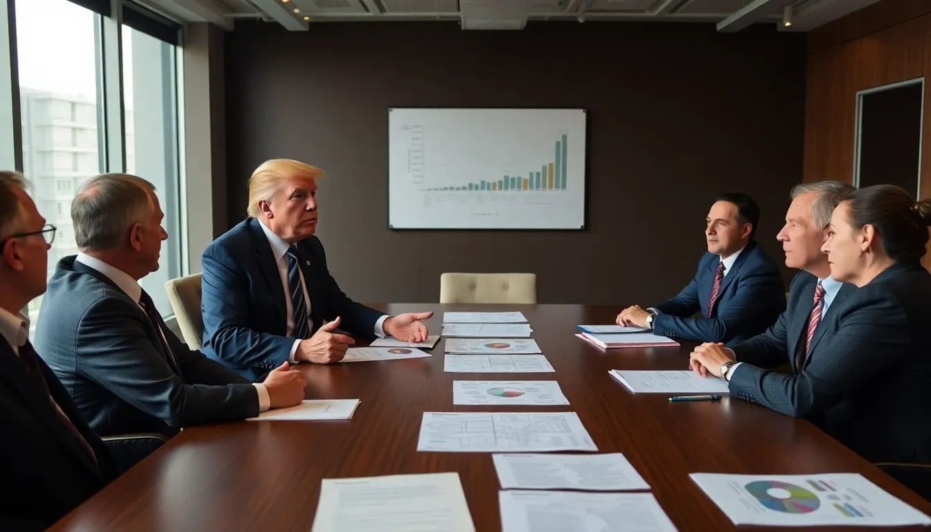 Trump stands at a podium surrounded by reporters as Netflix and Paramount executives engage in discussions about a major content distribution deal.