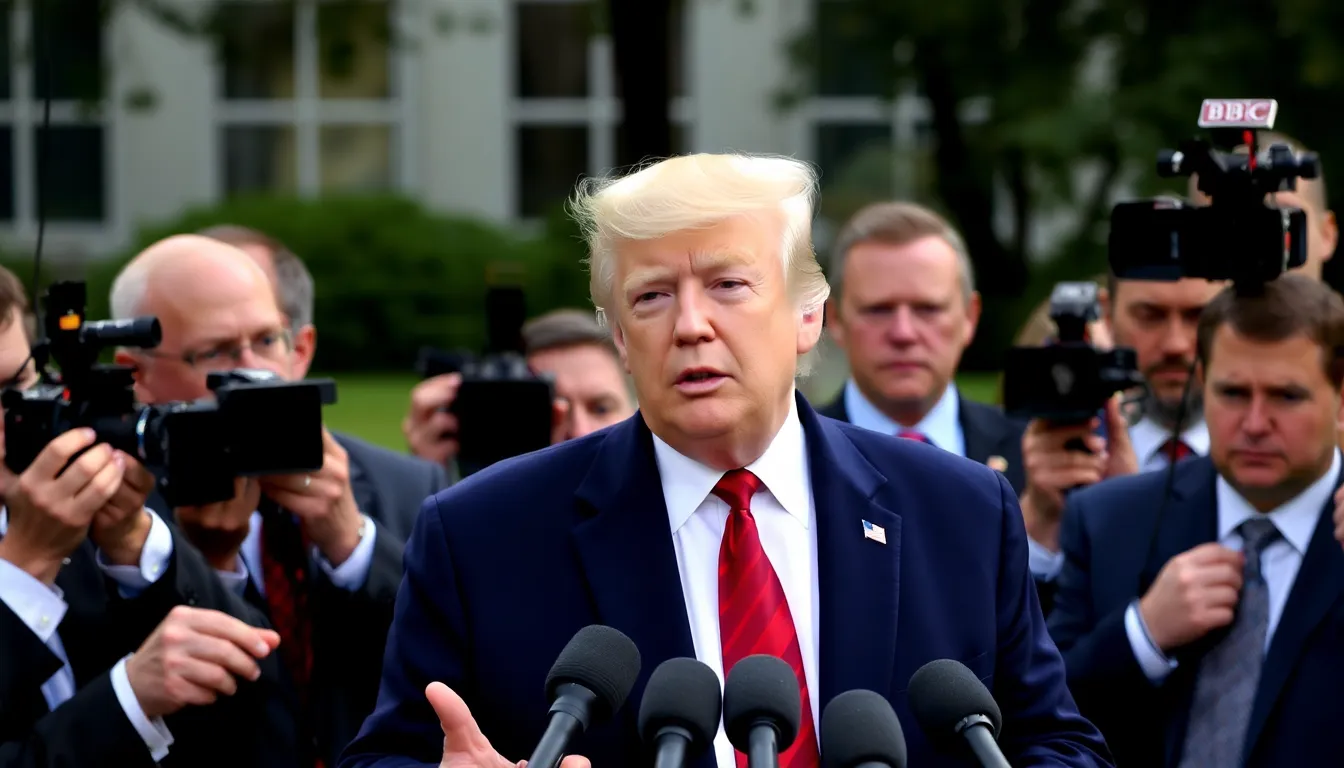 Donald Trump stands at a podium addressing supporters during a campaign rally, emphasizing his legal battle against the BBC over alleged misinformation.