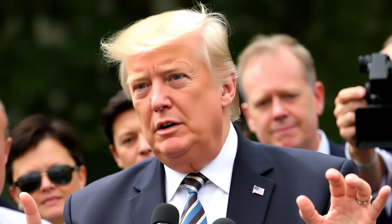 Donald Trump speaks at a podium during a press conference, urging Chinese President Xi Jinping to release prodemocracy activist Jimmy Lai, with reporters and cameras capturing the moment in the background.