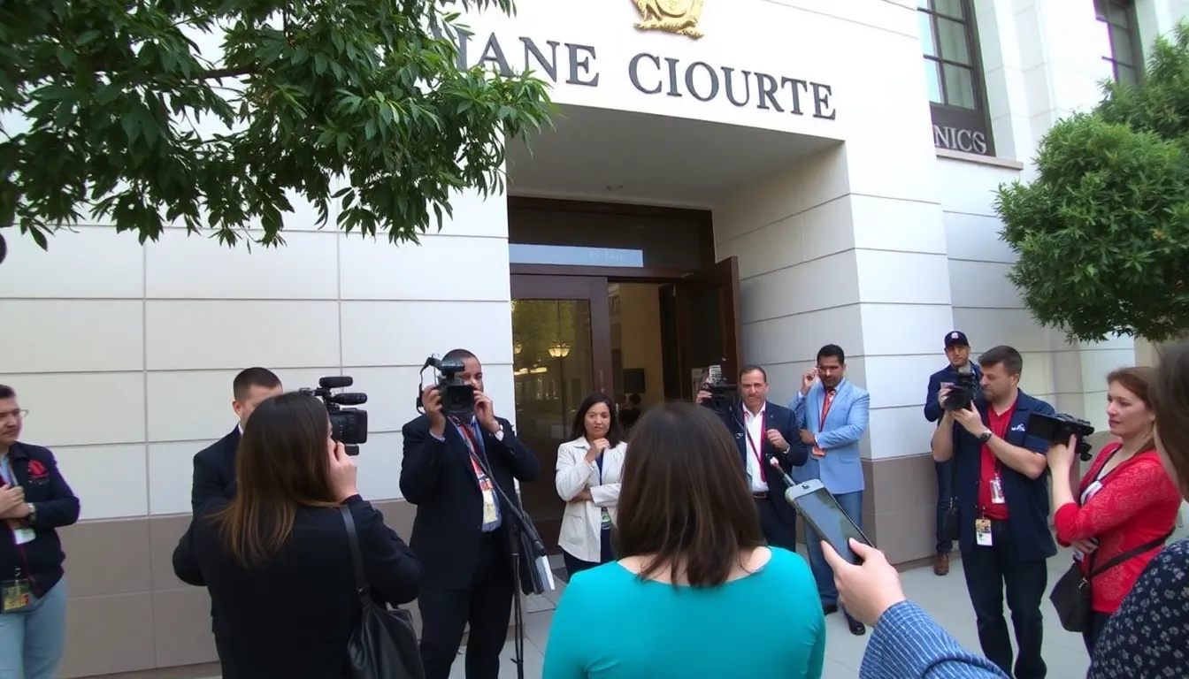 A group of reporters gathers outside a courthouse, discussing the implications of the second lawsuit filed against filmmaker Tyler Perry for sexual assault.