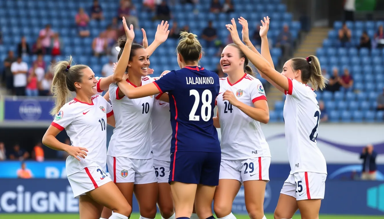 A group of female football players in national team jerseys celebrates on the field after a match during the Women's European Championship.