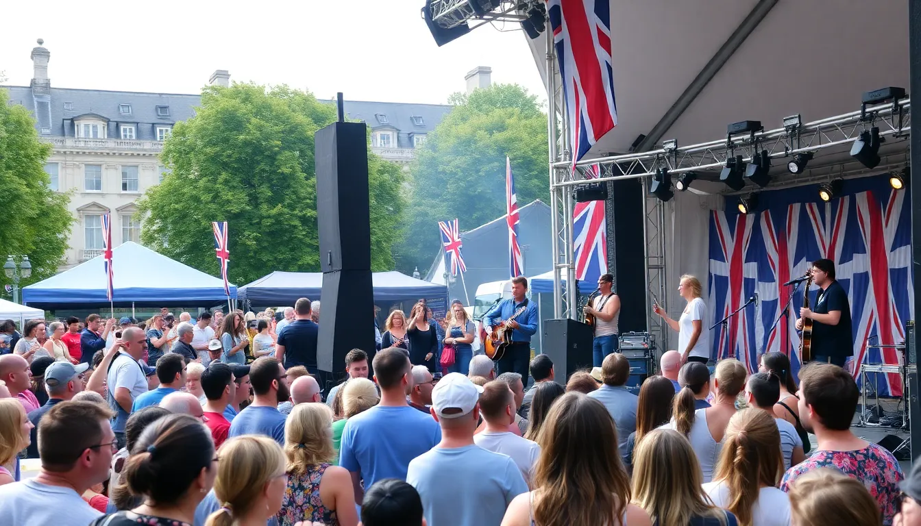 A diverse crowd gathers at an outdoor festival in London, enjoying live performances by British hiphop artists while food stalls offer a variety of international cuisines.