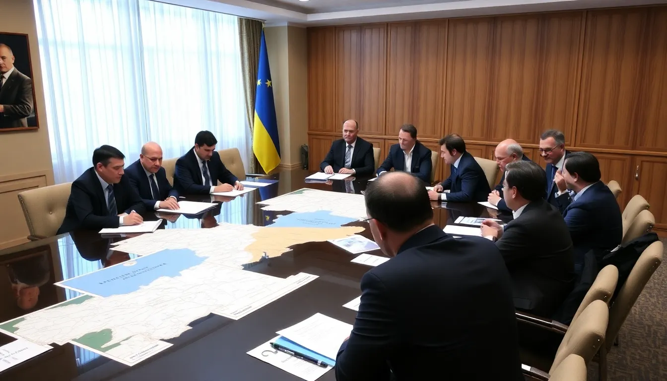 A group of international diplomats in a meeting, emphasizing the collaborative efforts to negotiate peace in Ukraine