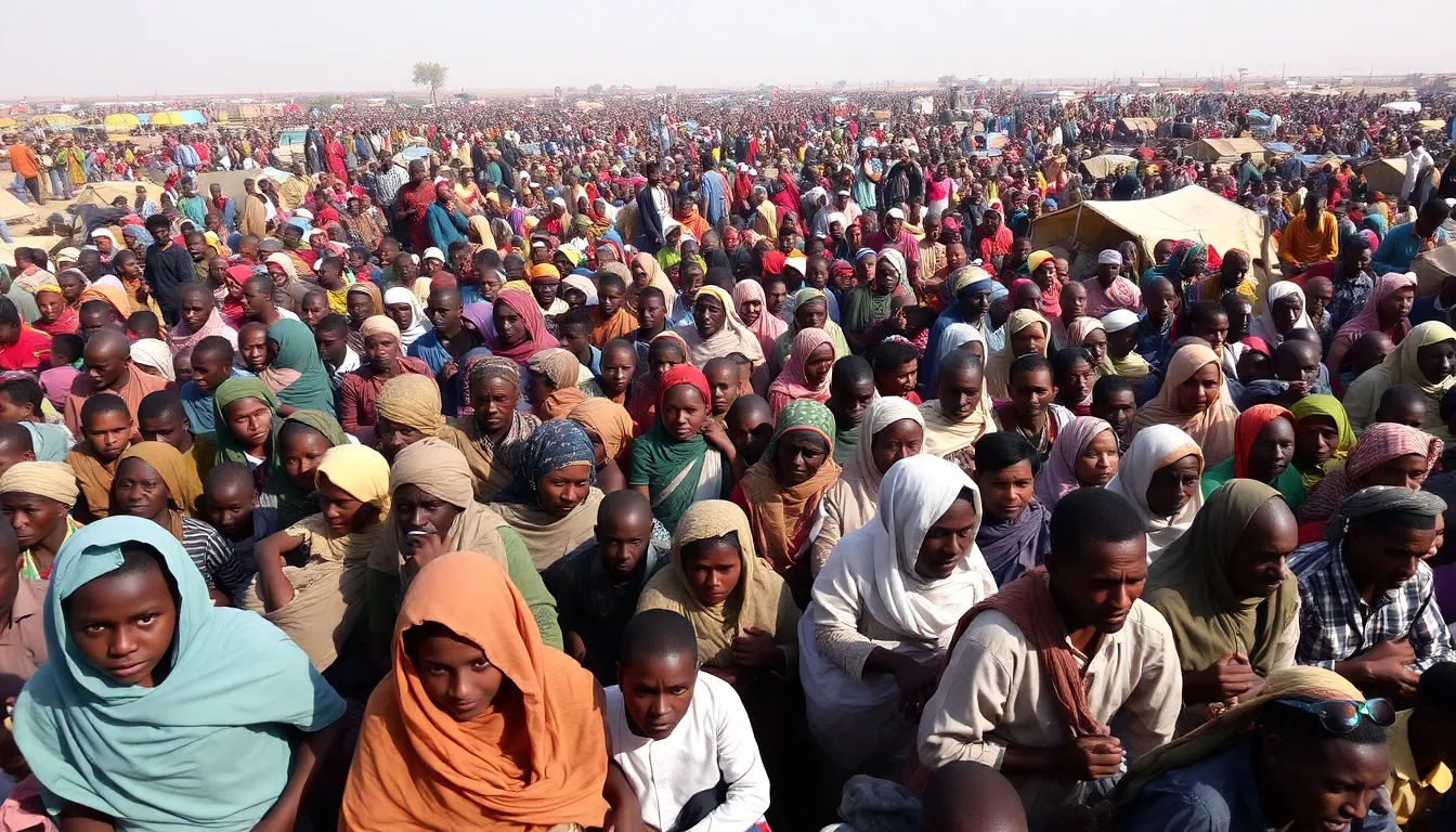 Displaced individuals seeking refuge in makeshift shelters amid ongoing violence and insecurity in Darfur