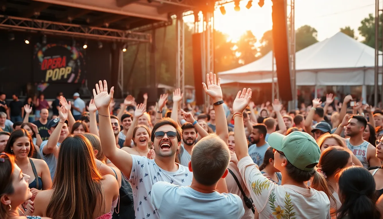 A large crowd gathers at an outdoor festival, eagerly awaiting the performance of renowned operatic pop artists under a bright blue sky.