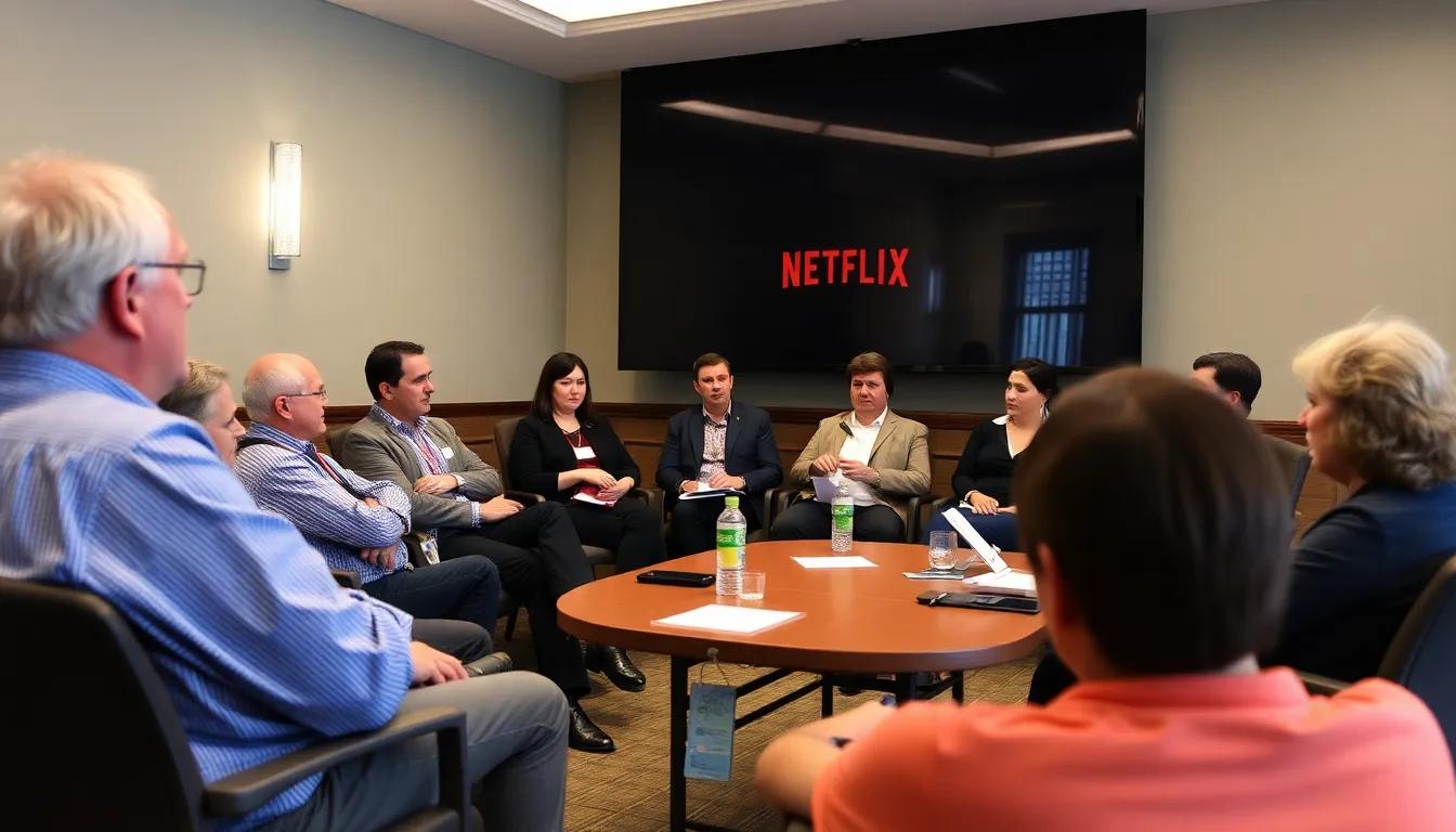 A diverse group of union representatives and industry leaders gathers at a press conference, expressing their opposition to the NetflixWarner Bros deal while holding signs advocating for labor rights and creative control in the entertainment industry.