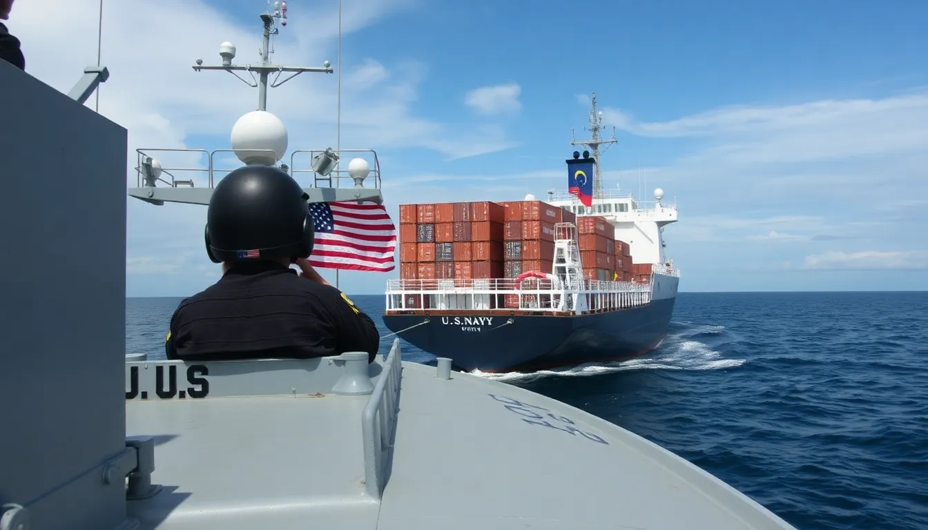 US Navy personnel aboard a vessel monitor the interception of a merchant ship off the coast of Venezuela, highlighting ongoing maritime security efforts in the region.