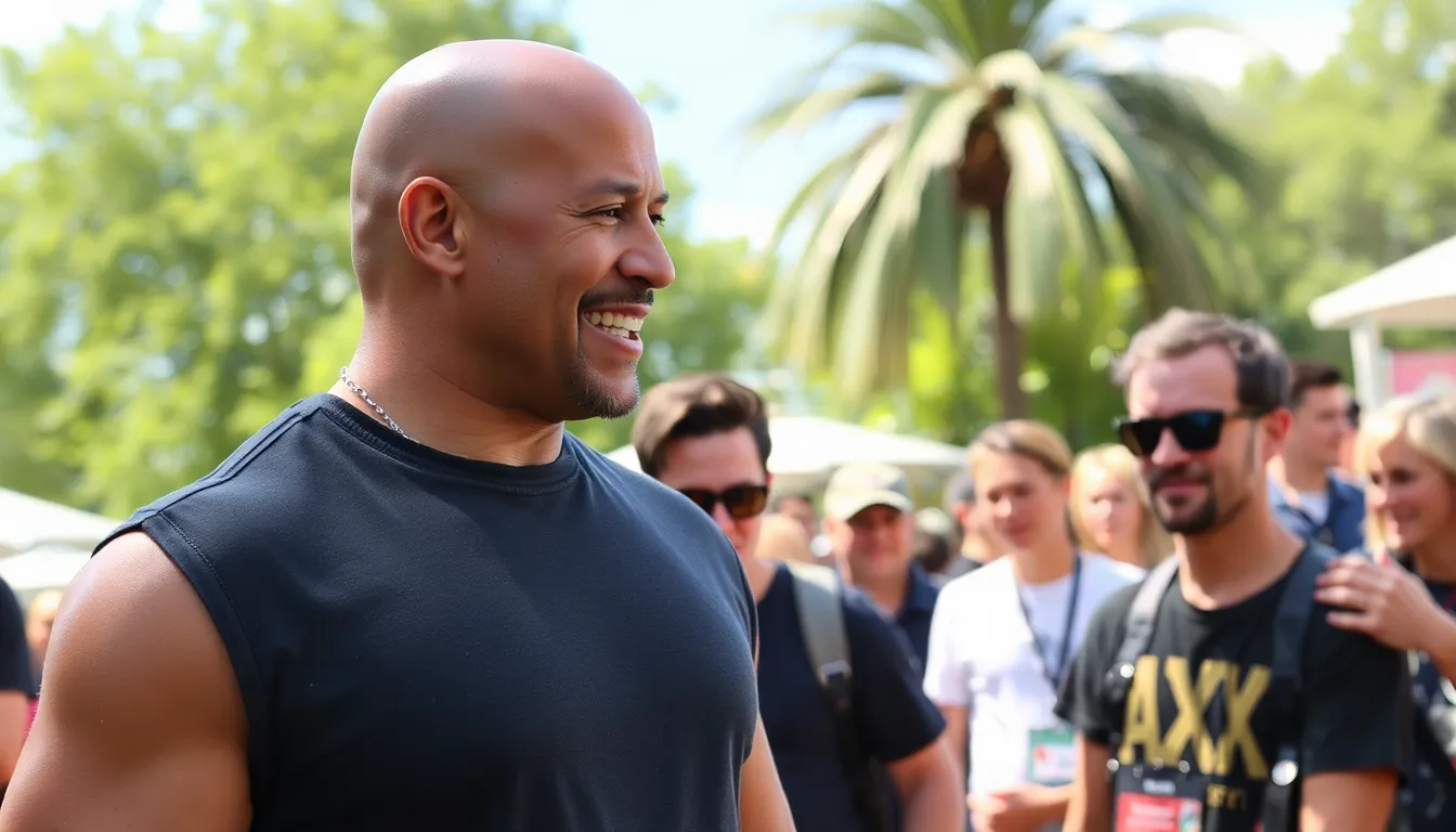 Vin Diesel stands confidently on a rugged terrain, showcasing his character's fierce demeanor in a promotional event for Ark 2, now set for a 2028 release.