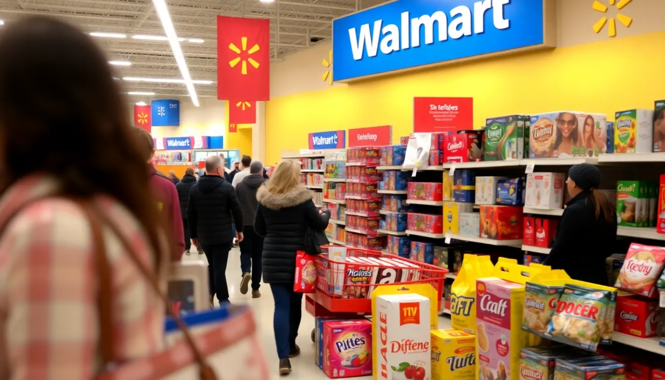 A busy Walmart store filled with shoppers browsing shelves stocked with lastminute holiday gifts from brands like Apple, Ninja, and Lego.