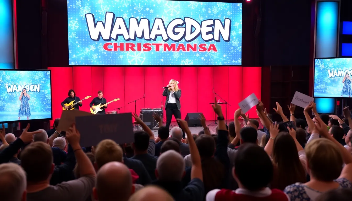 A group of artists passionately discussing their new Christmas songs, surrounded by vibrant promotional materials and streaming data charts