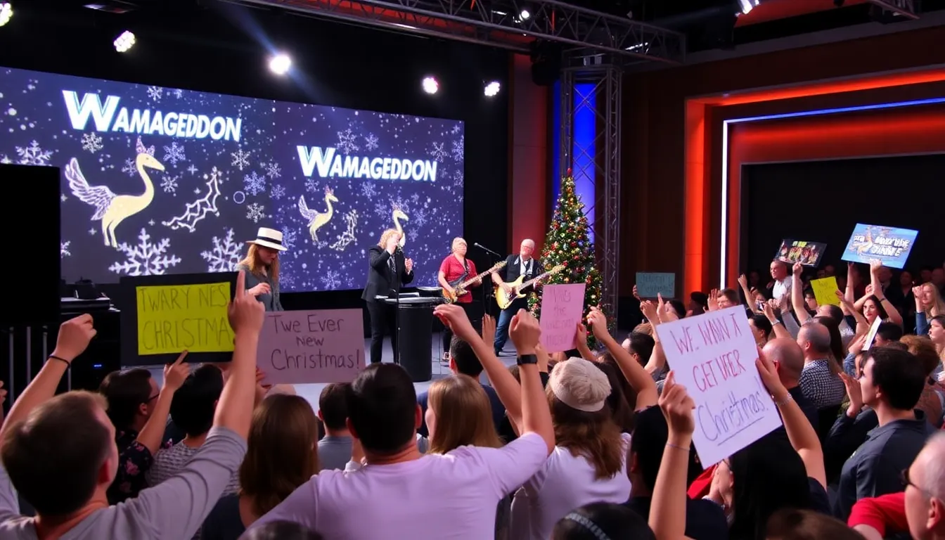 A festive retail store playing popular Christmas songs, creating a joyful atmosphere that encourages shoppers to engage and make purchases