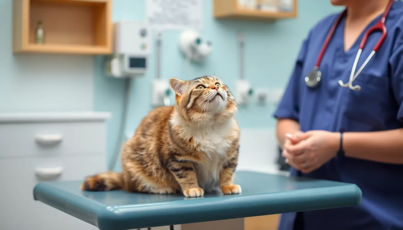 獣医師が肥満猫の健康状態をチェックし、適切なアドバイスを行っているシーンが表現されています