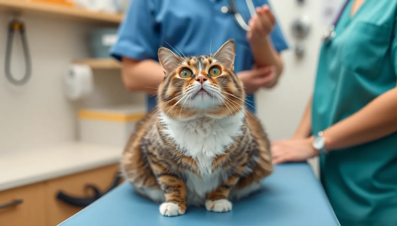 A veterinarian examines an overweight cat in a clinic, discussing potential weight loss medications with a concerned pet owner.