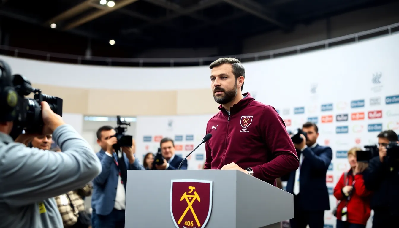 Marco Guarino is introduced as West Ham's new manager during a press conference, with club officials and reporters present in the background.