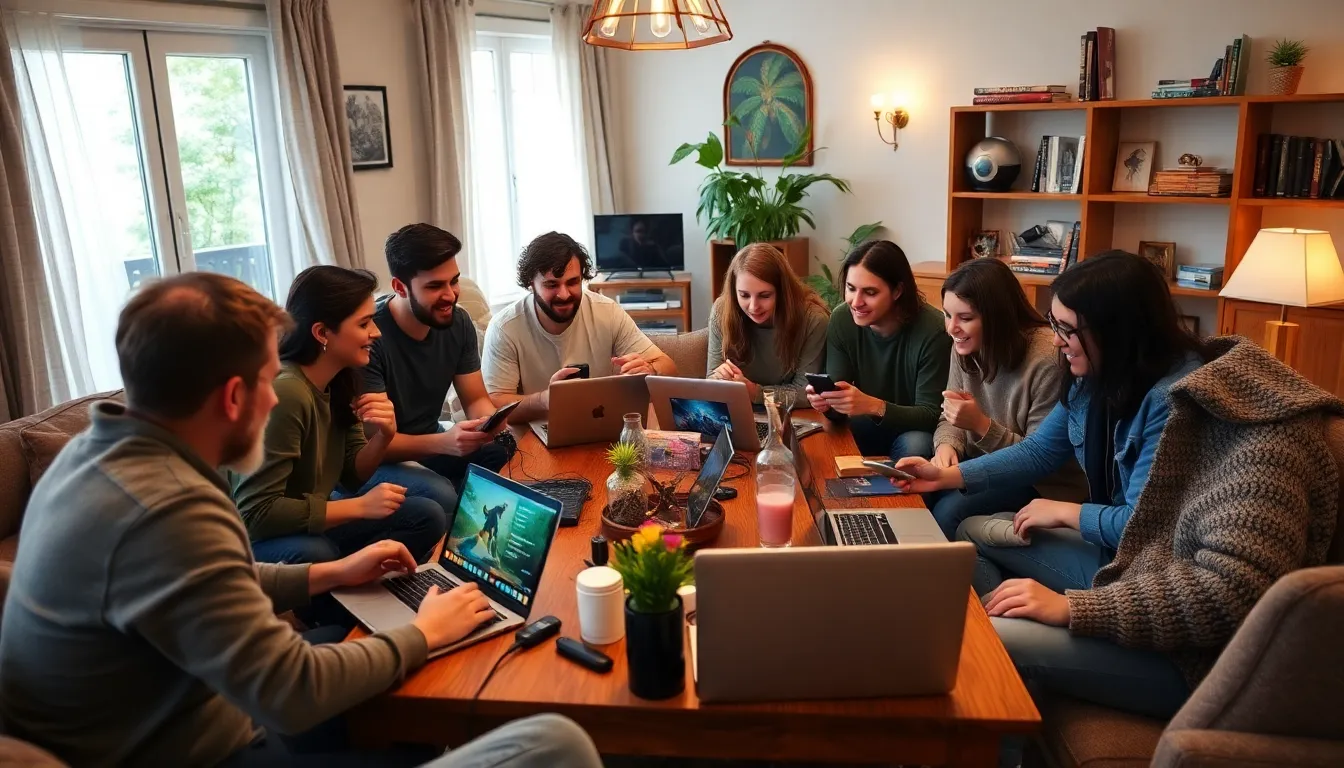 A group of gamers is gathered around a television, eagerly discussing their strategies and plans for the weekend's new game releases while snacks and drinks are spread out on the table.