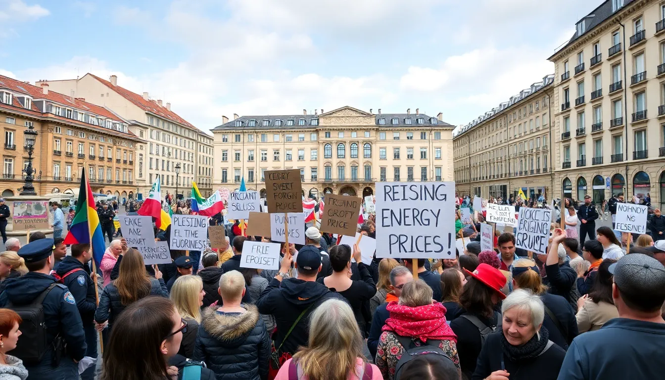Protesters gather in front of a government building, holding signs demanding action on climate change amid rising global temperatures and extreme weather events.