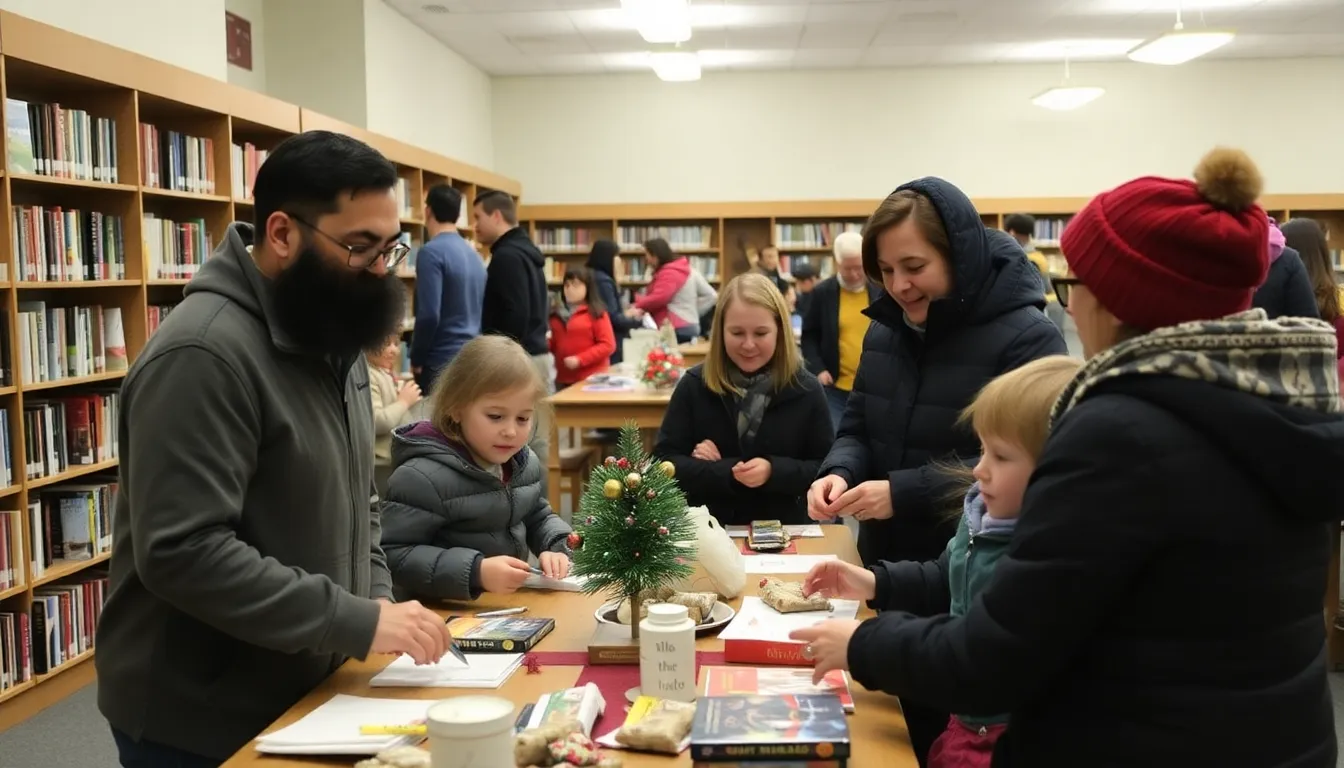 A group of children and adults gather around a table at a library, engaged in a craft activity during a winter community event.