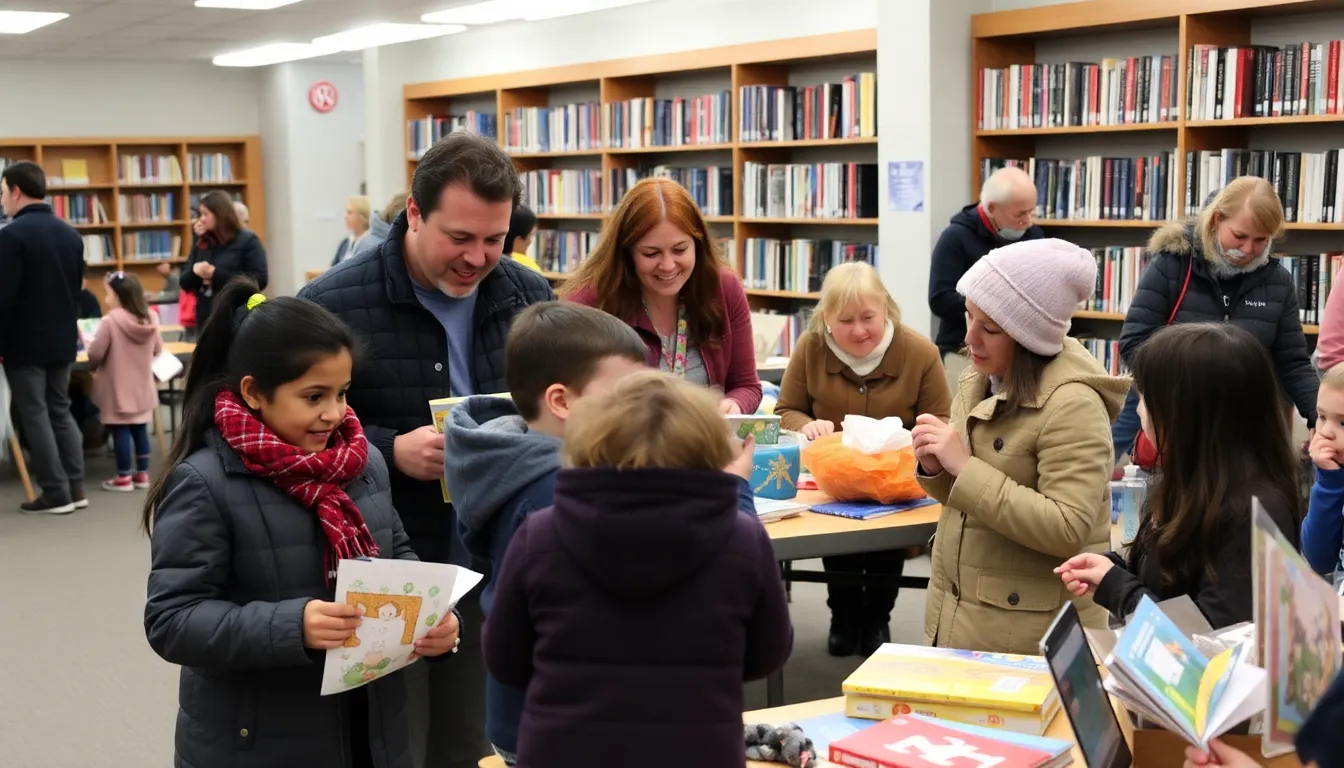 Families engaging in a craft night at a local library, creating holidaythemed projects while enjoying each other's company