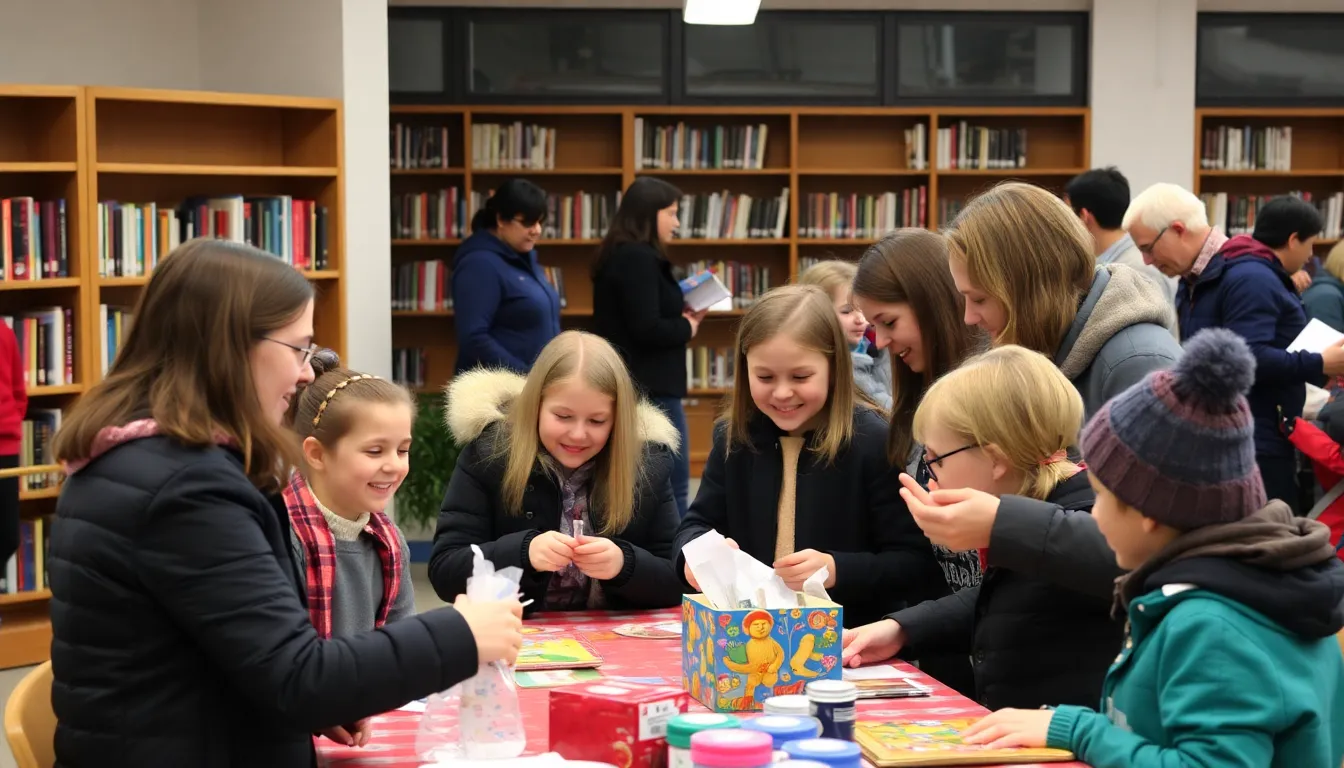 Library staff setting up a cozy reading area with blankets and pillows, inviting community members to join the upcoming winter reading challenge