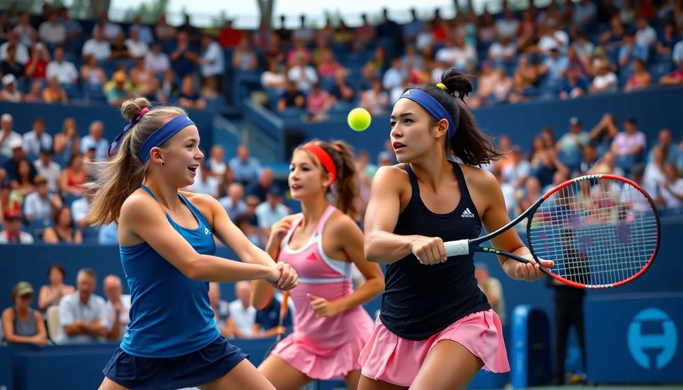 Emerging tennis stars Coco Gauff and Aryna Sabalenka celebrating their recent victories on the court, inspiring a new generation of female players and fans