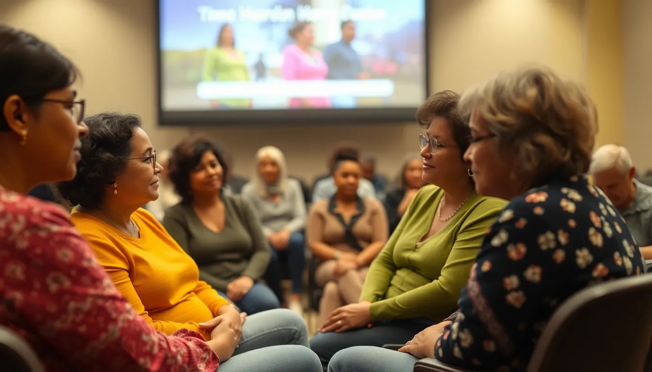 A group of women of various ages gathers in a cozy living room, intently watching a documentary on a large screen while sharing their thoughts and reflections on the feminist movement.