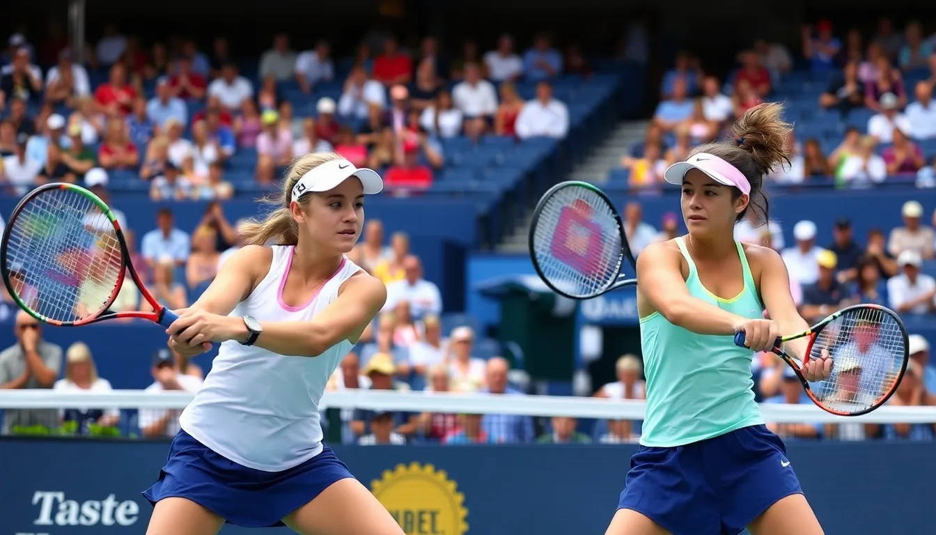 A vibrant scene from a women's tennis match, showcasing the excitement and skill of athletes as they compete for equal recognition and prize money in the sport