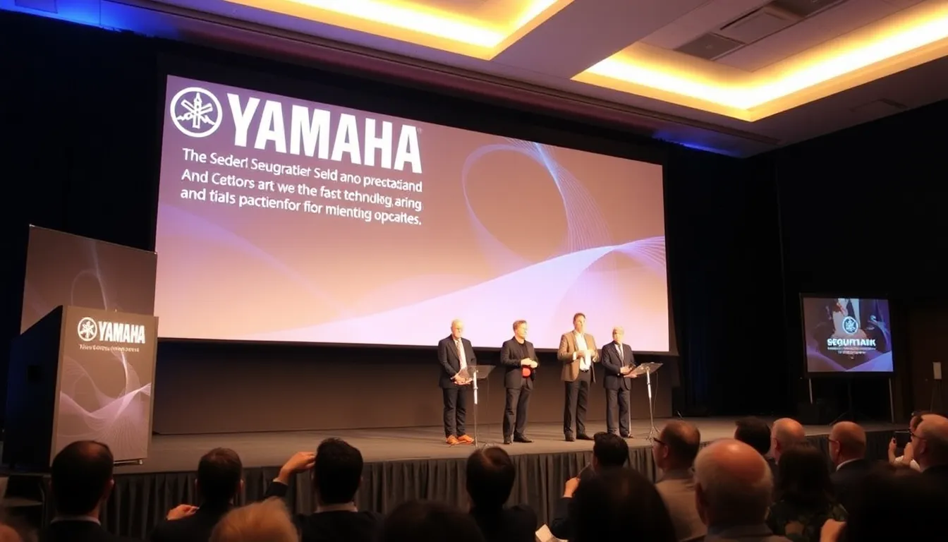 A musician demonstrates the Yamaha Seqtrak on stage, showcasing its sleek design and advanced features during a live performance.