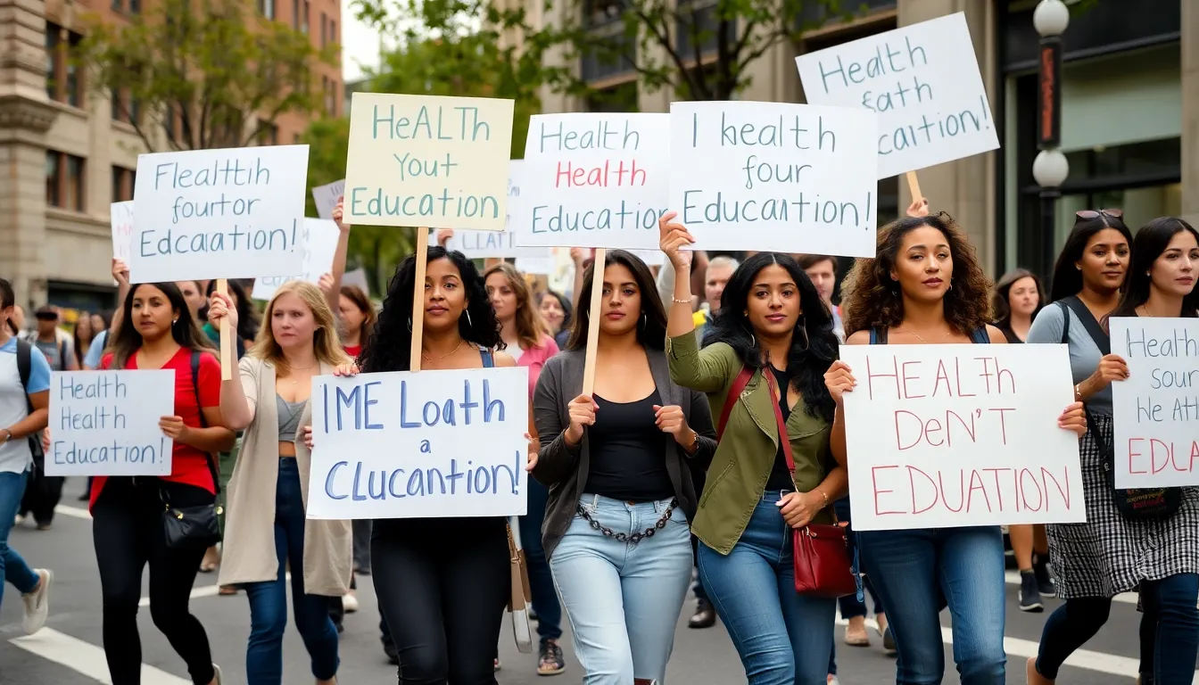 A group of young women passionately speaks at a rally in Washington, D.C., advocating for improved health education standards.