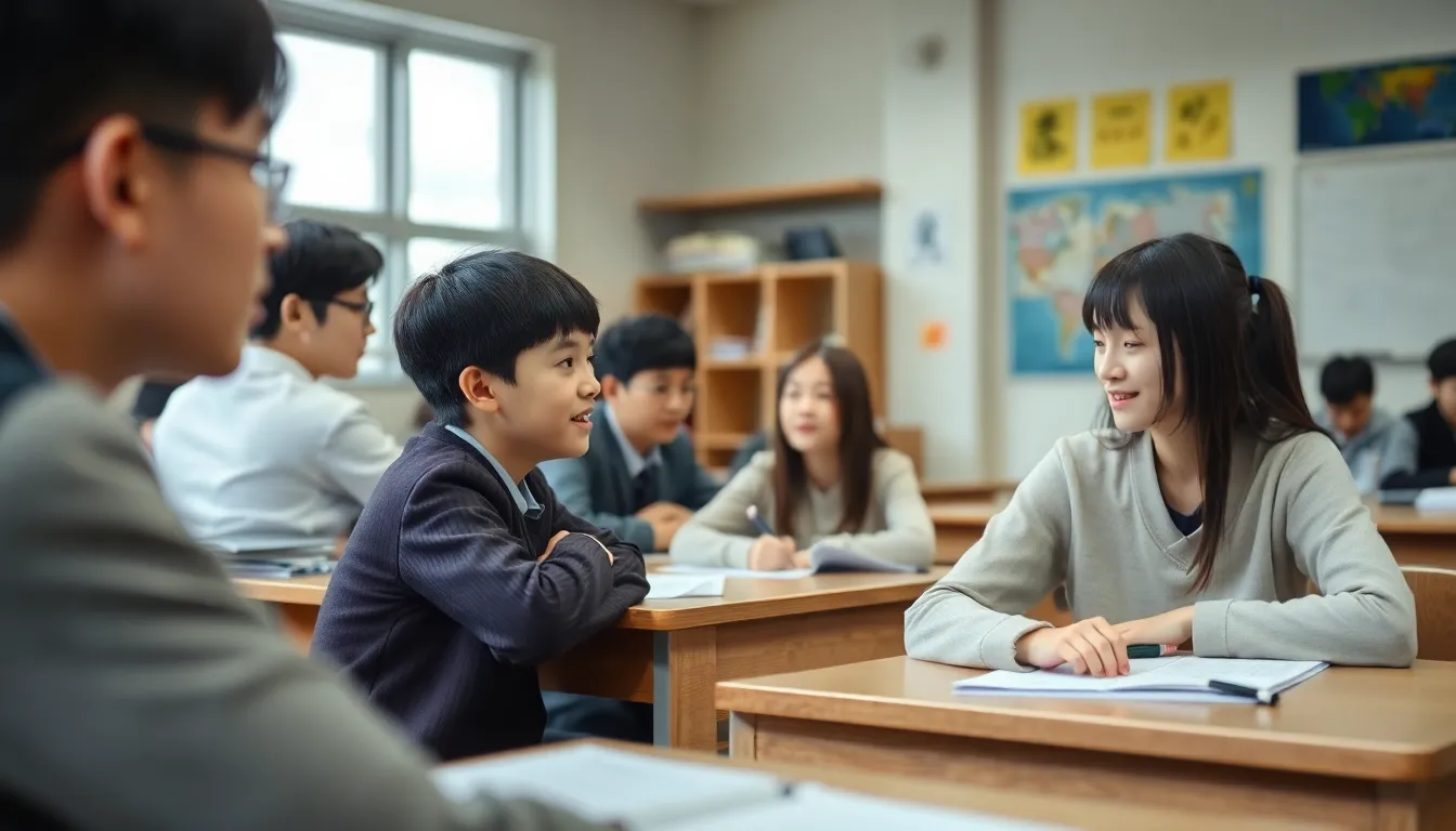 A group of teenagers sits in a stark classroom, visibly distressed as a stern instructor stands at the front, emphasizing strict rules and discipline.