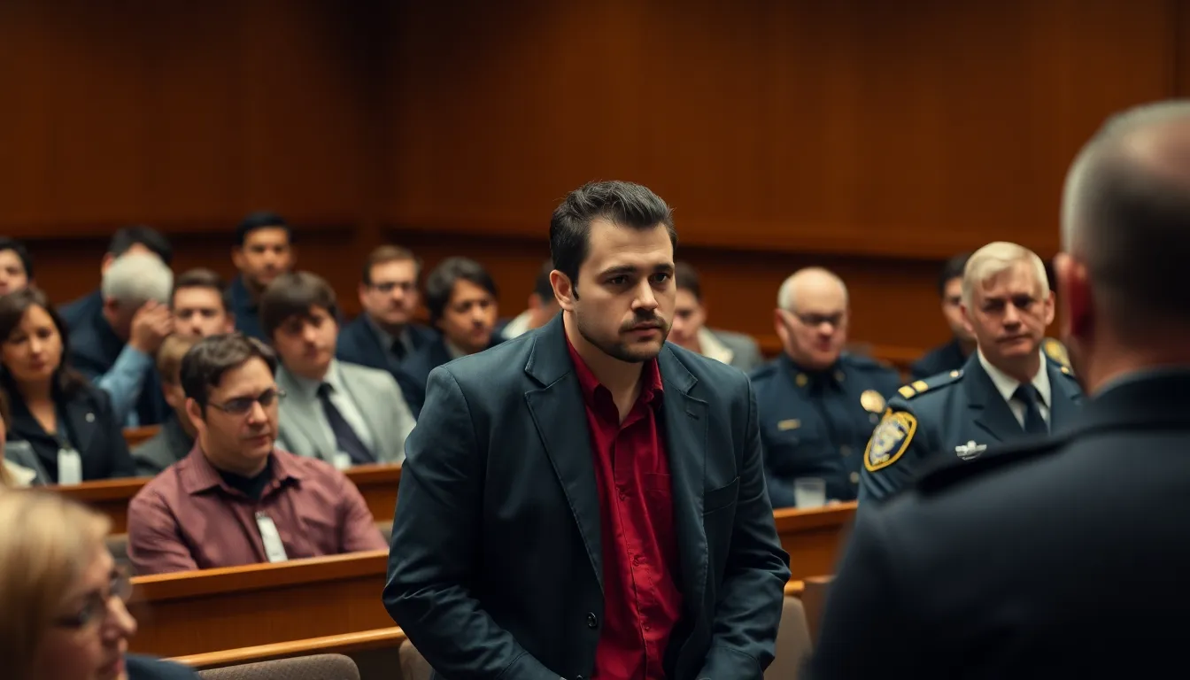 A YouTuber stands handcuffed in a courtroom as a judge delivers a sentence following his conviction for running over a police officer and making threats during a previous court appearance.