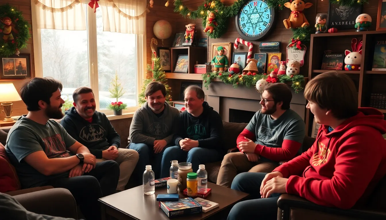 A group of game developers sits around a festive table, sharing laughter and stories about their favorite Christmas gaming memories while surrounded by holiday decorations.
