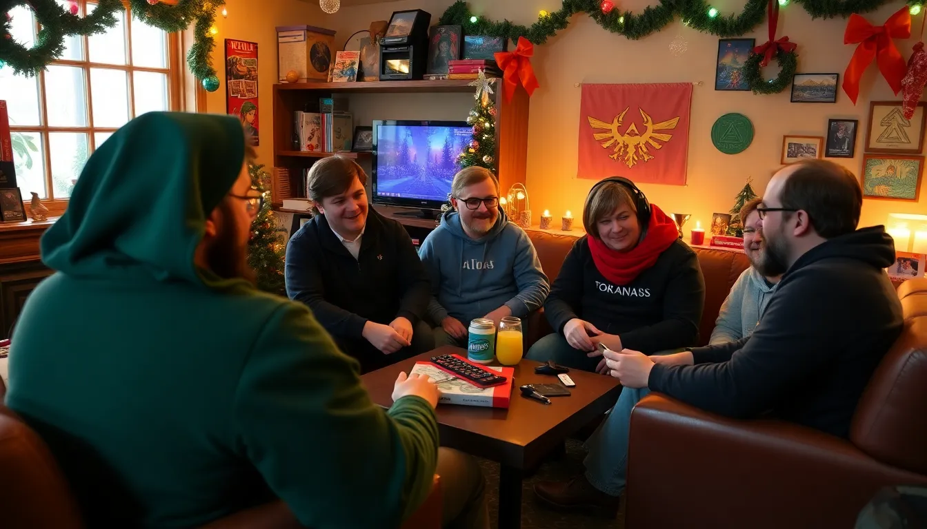 Families gathered around a television, excitedly playing video games together during the holiday season, showcasing the communal spirit of gaming